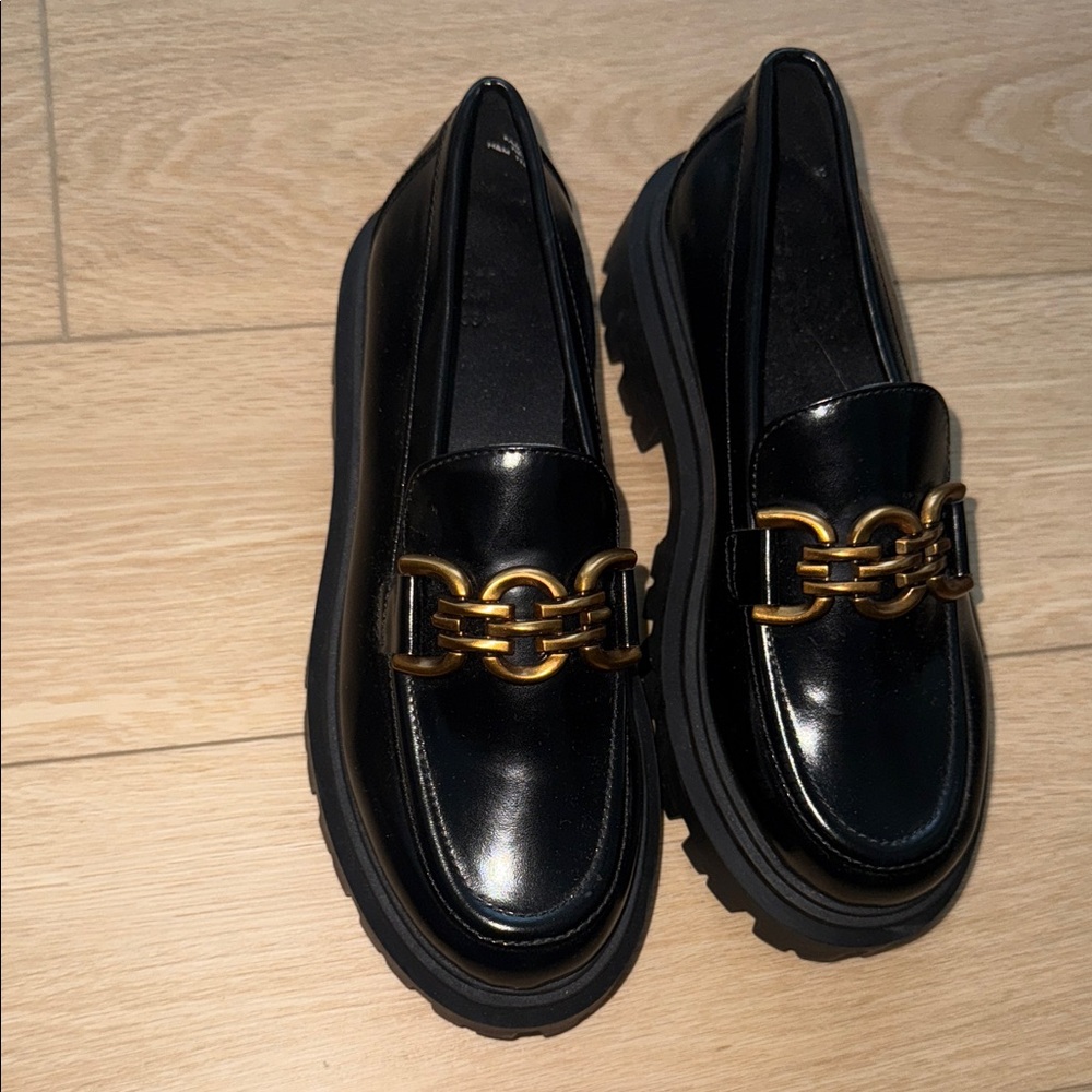 H&M Black Loafers with Gold Chain Detail
